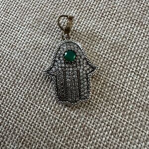 Hamsa Hand Pendant with Green Gem and CZ with sterling silver